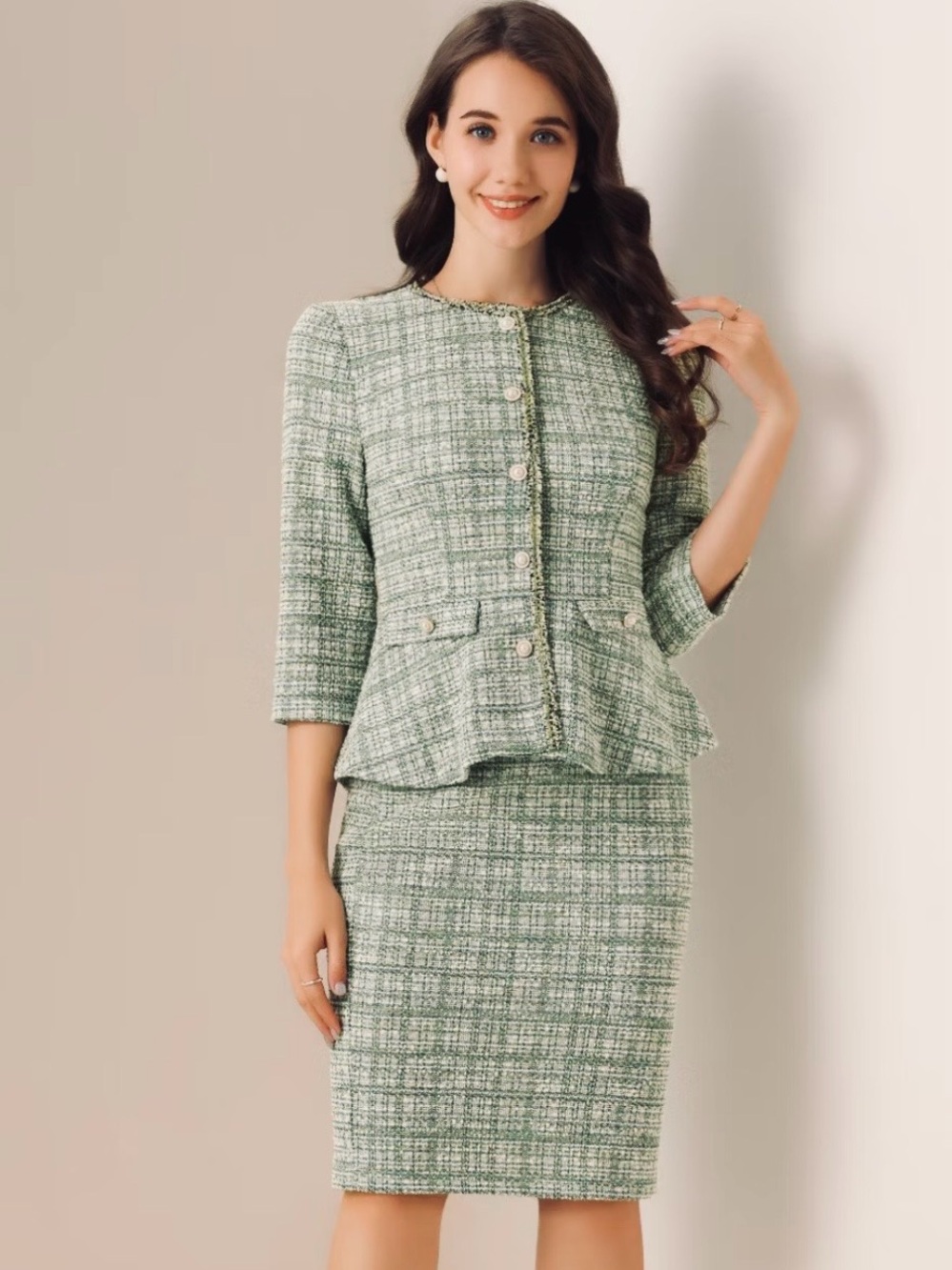 Green Tweed Peplum Pencil Skirt Suit Women's Size L w/ matching Tweed Dress